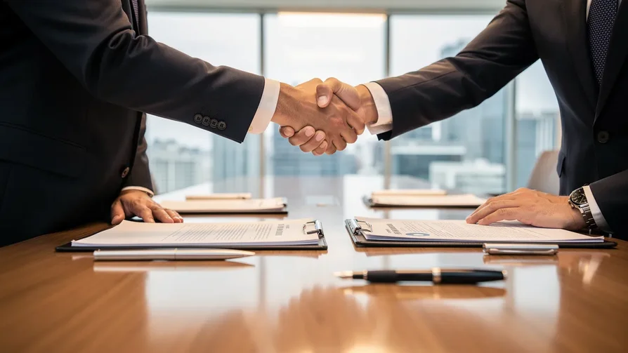 Deux personnes en costume se serrant la main au-dessus d une table de conference