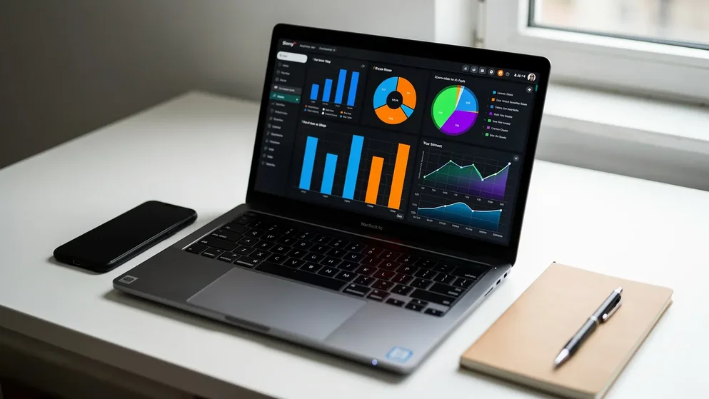 Ecran d ordinateur affichant des graphiques colores de donnees analytiques sur un bureau minimaliste