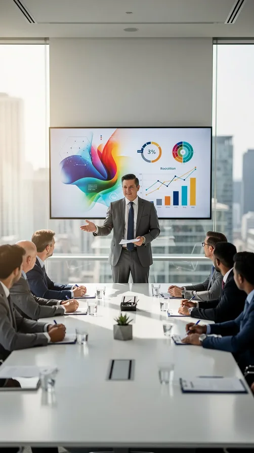 Homme d affaires debout présentant à des collègues assis dans une salle de réunion lumineuse