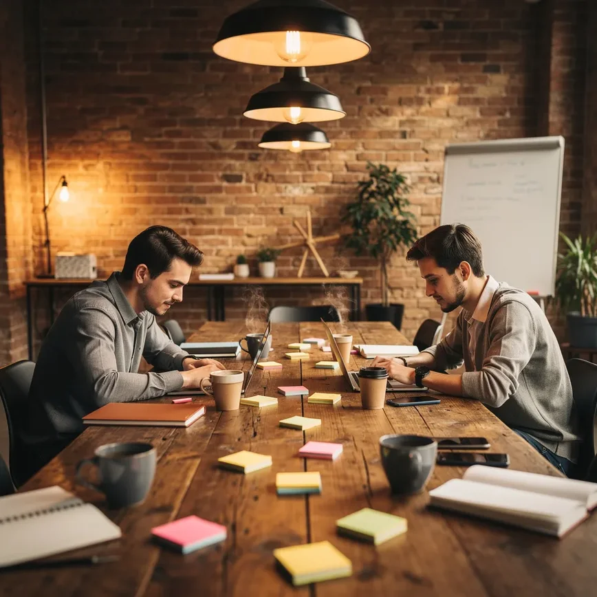 Deux entrepreneurs travaillant sur leurs ordinateurs dans un espace de travail avec murs en briques