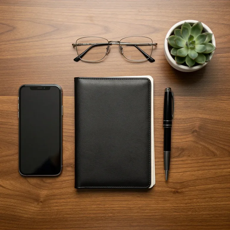 Agenda en cuir, stylo plume, smartphone et plante grasse alignés sur un bureau en bois