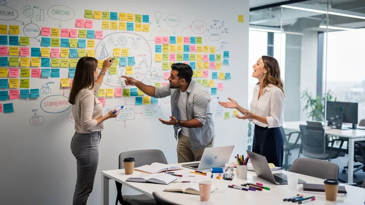 Trois collègues debout devant un mur couvert de post-it lors d une séance de brainstorming