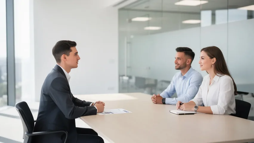 Candidat assis face à deux recruteurs lors d un entretien dans un bureau lumineux