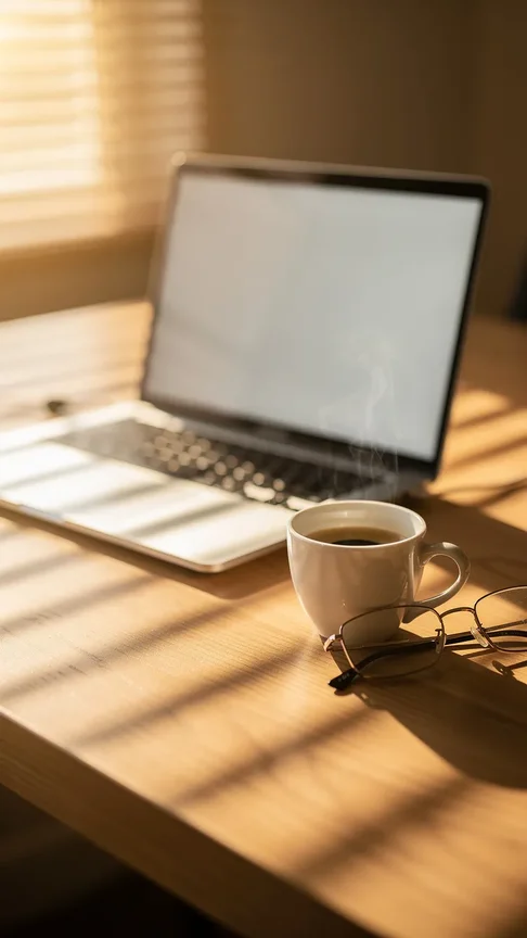 Tasse d espresso fumante a cote d un ordinateur et de lunettes de lecture dans la lumiere doree du matin