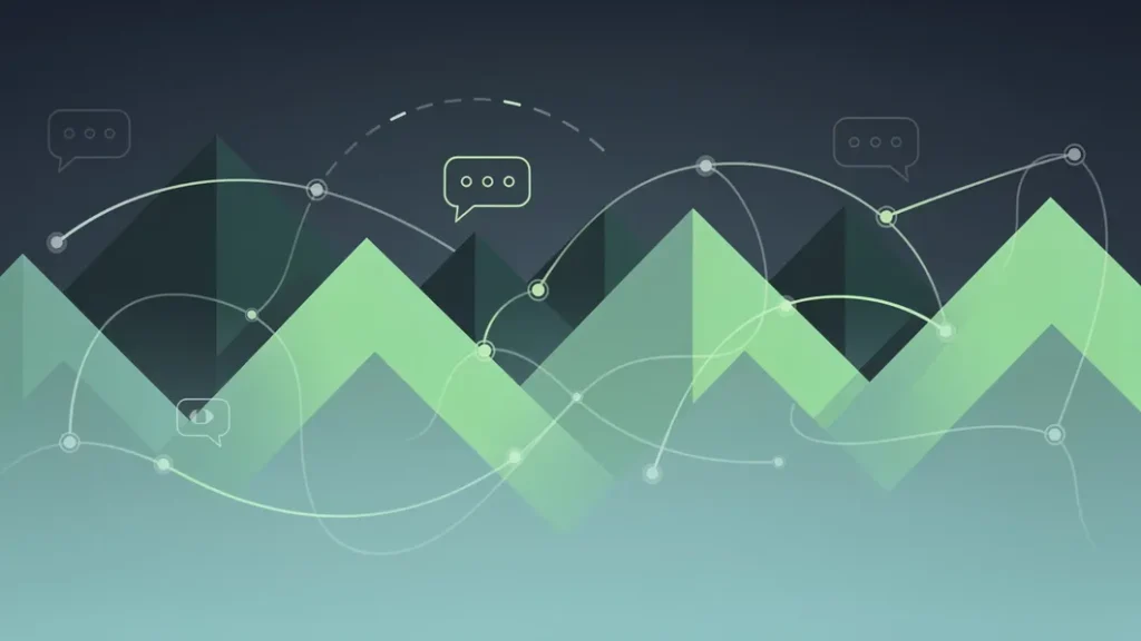 Illustration abstraite avec des formes en V connectées en réseau sur fond sombre, style géométrique moderne