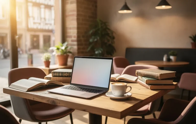 Intérieur d’un anticafé à Strasbourg avec un ordinateur portable ouvert sur une table en bois, accompagné de livres et d’une tasse de café, baigné par une lumière douce provenant de grandes fenêtres.