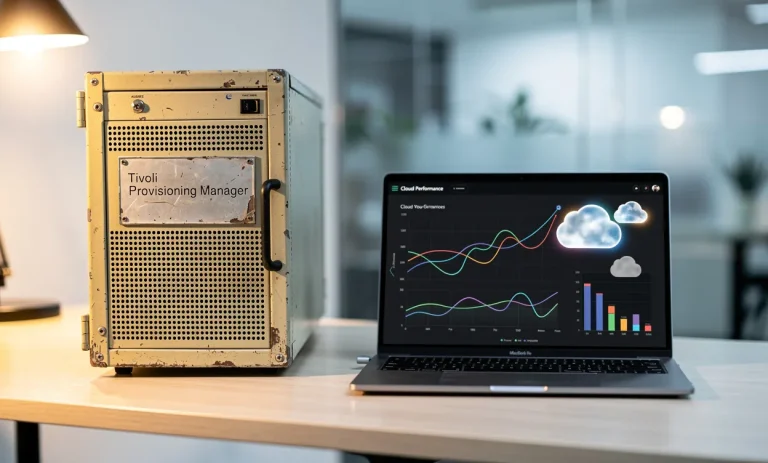 Un ancien serveur Tivoli Provisioning Manager se tient à côté d’un ordinateur portable moderne affichant des graphiques et des icônes de cloud sur un bureau épuré dans un bureau aux lumières contrastées.