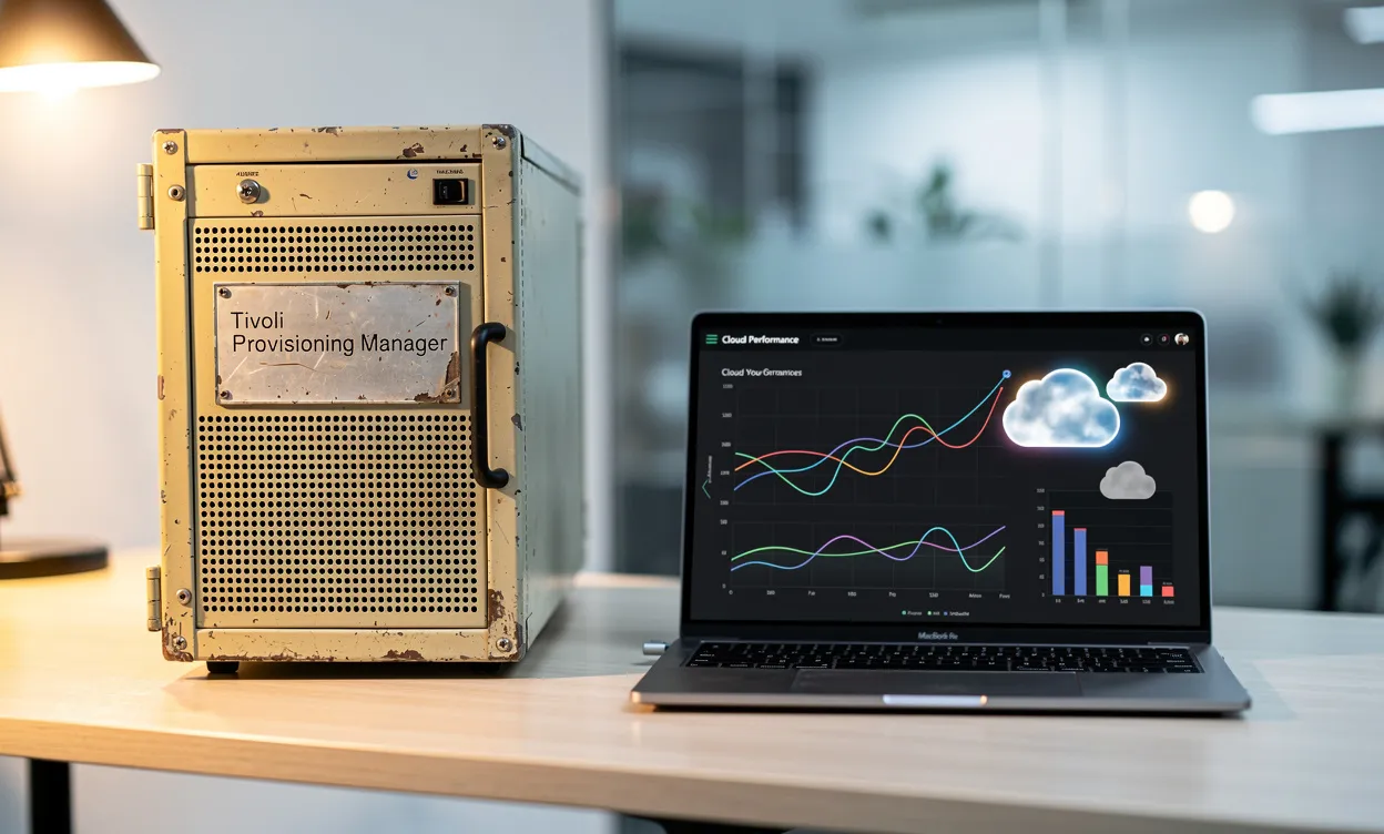 Un ancien serveur Tivoli Provisioning Manager se tient à côté d’un ordinateur portable moderne affichant des graphiques et des icônes de cloud sur un bureau épuré dans un bureau aux lumières contrastées.