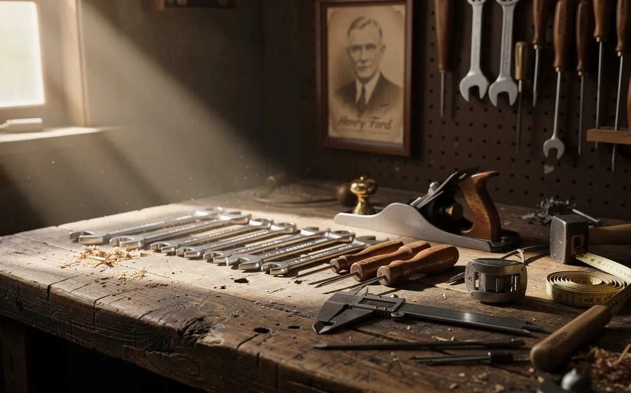 Un établi ancien avec des outils rangés, un portrait de Henry Ford en arrière-plan et des rayons de soleil passant par la fenêtre.