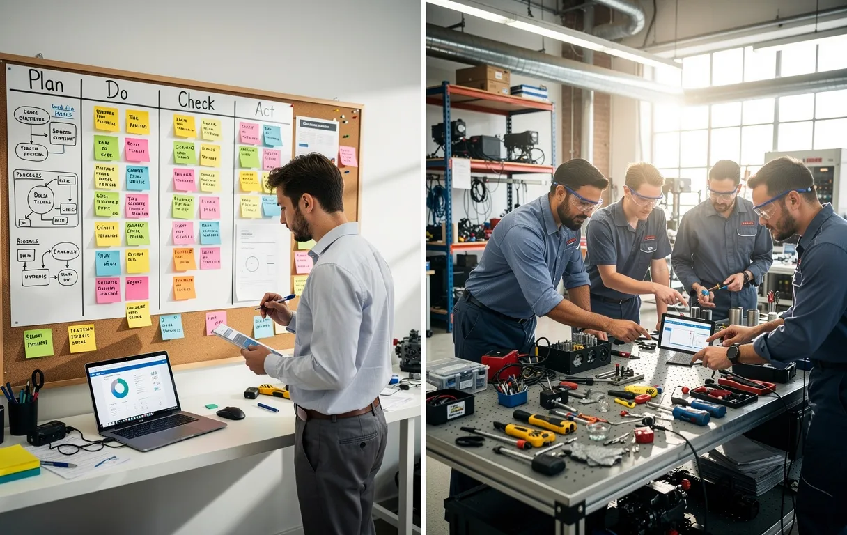 Deux postes de travail dans un atelier industriel lumineux, l’un organisé avec des notes et des graphiques, l’autre animé par des outils et un travail d’équipe rapide.