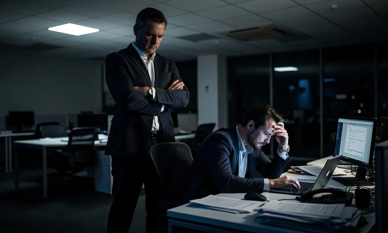 Un manager au visage sévère, bras croisés, domine un employé anxieux assis à son bureau dans un bureau faiblement éclairé.