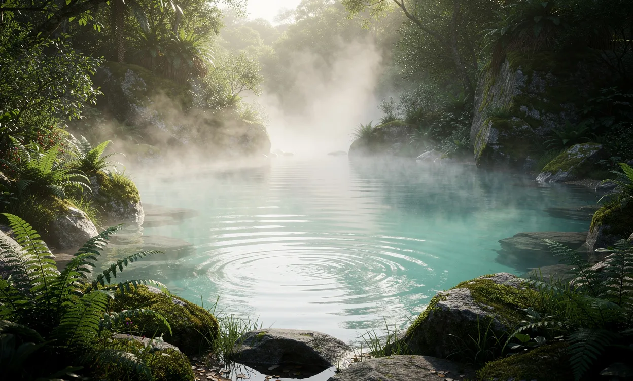 Une piscine thermale photoréaliste entourée de végétation luxuriante et de brume matinale, avec une eau turquoise paisible.