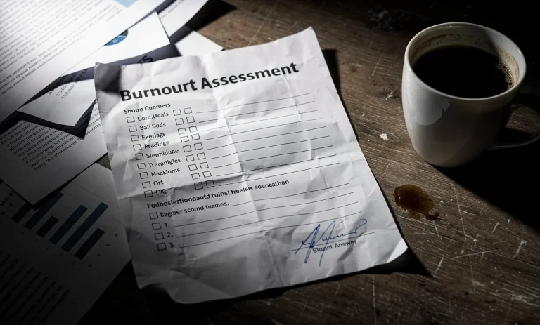 Une fiche d’évaluation de l’épuisement professionnel repose sur un bureau encombré parmi des papiers épars et une tasse de café froide, sous un éclairage tamisé.
