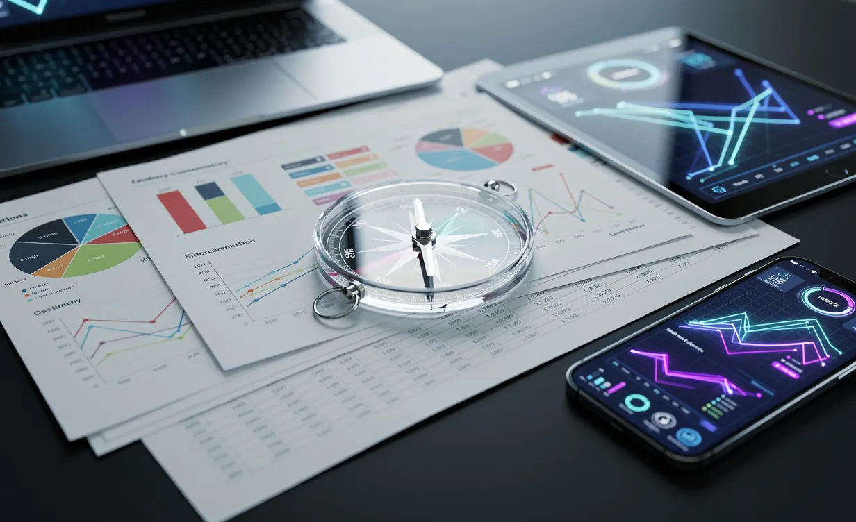 Un compas en verre posé sur des rapports d'affaires variés et des écrans numériques affichant des graphiques sectoriels futuristes.