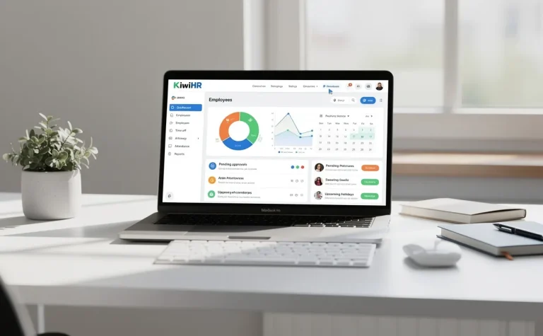 Un ordinateur portable moderne sur un bureau épuré affiche le tableau de bord KiwiHR, baigné par une lumière naturelle douce venant d’une fenêtre.