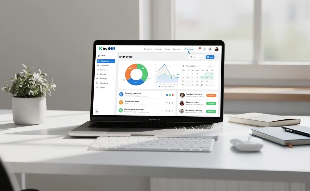 Un ordinateur portable moderne sur un bureau épuré affiche le tableau de bord KiwiHR, baigné par une lumière naturelle douce venant d’une fenêtre.