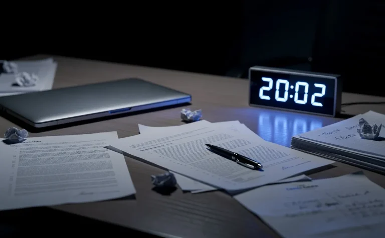 Un bureau solitaire éclairé par la lumière bleue d’une horloge affichant 20h02, avec des papiers épars autour et plongé dans une ambiance nocturne.