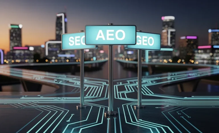 Trois panneaux routiers indiquant SEO, AEO et GEO sont disposés à un carrefour numérique lumineux, avec des lumières de ville en arrière-plan.