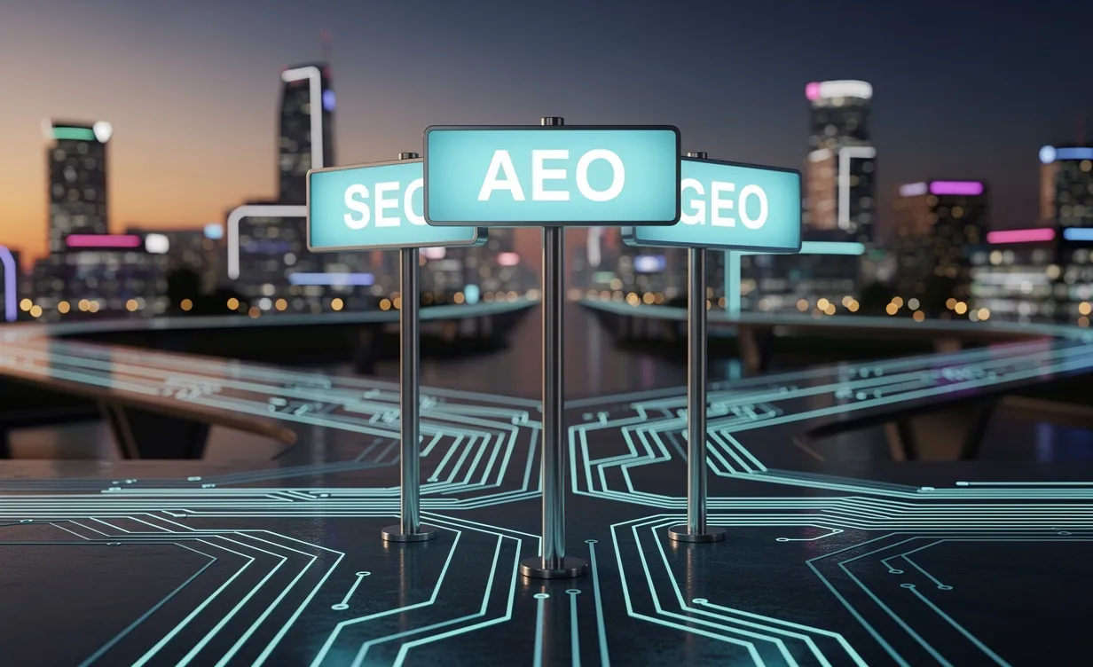 Trois panneaux routiers indiquant SEO, AEO et GEO sont disposés à un carrefour numérique lumineux, avec des lumières de ville en arrière-plan.
