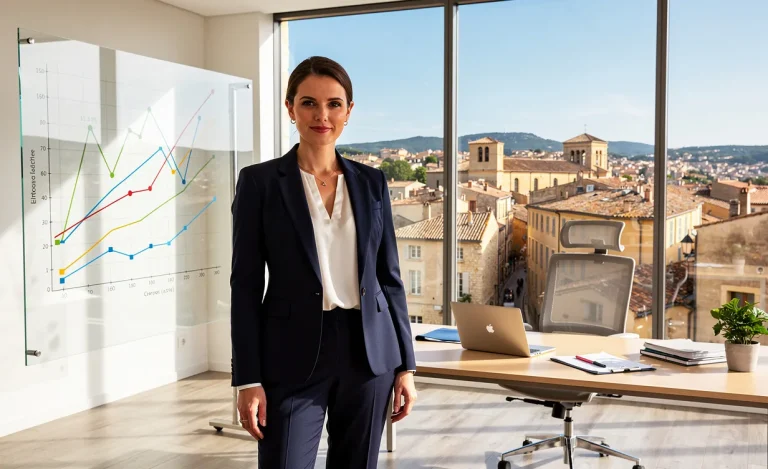 Une femme d’affaires debout dans un bureau moderne et lumineux à Aix-en-Provence, avec des graphiques financiers sur une vitre et la ville historique en arrière-plan.