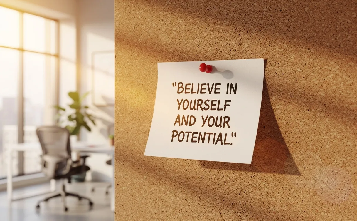 Une citation manuscrite inspirante est épinglée sur un tableau de liège dans un bureau lumineux où le soleil entre par de grandes fenêtres.