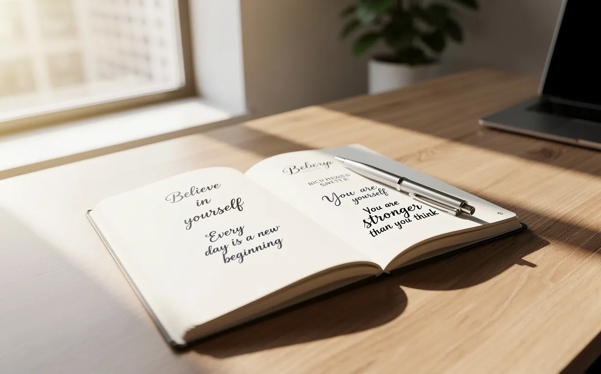Un carnet ouvert posé sur un bureau ensoleillé avec un stylo et des citations manuscrites, dans une ambiance paisible.