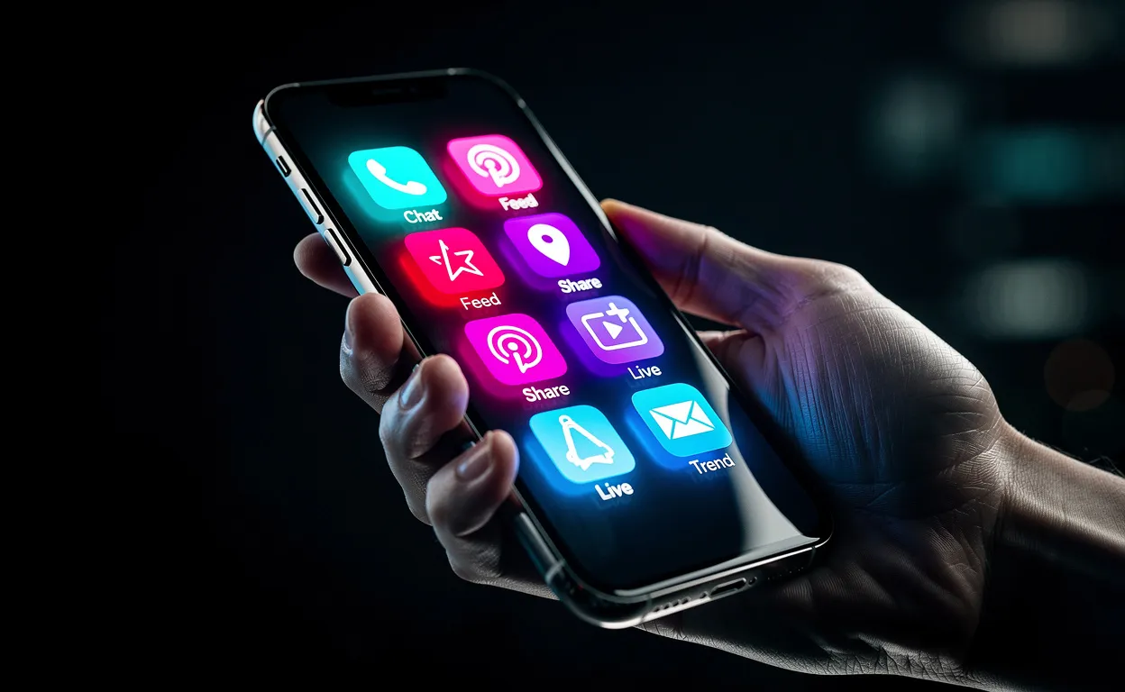 Un smartphone tenu dans une main affiche des icônes colorées de réseaux sociaux lumineux sur un fond sombre.