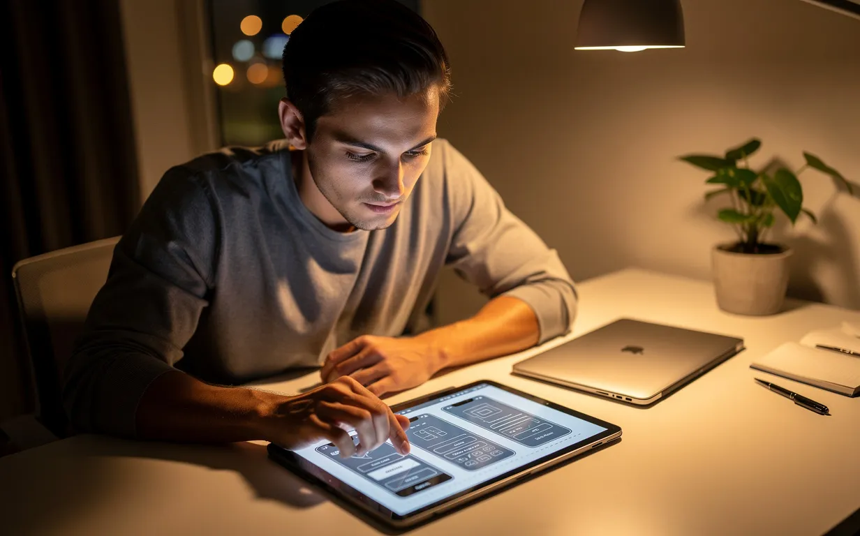 Un jeune professionnel conçoit des maquettes d’application sur une tablette dans un bureau moderne aux lumières tamisées.