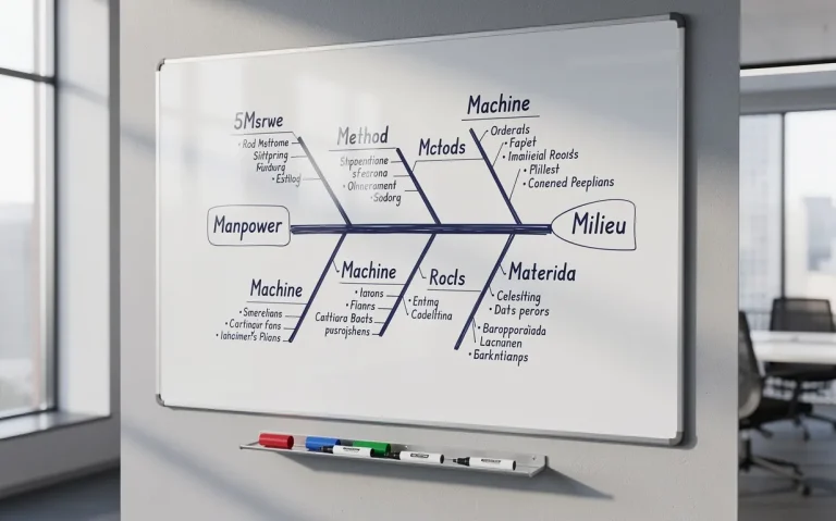 Un tableau blanc propre présente un diagramme d’Ishikawa avec les 5M entouré de marqueurs colorés, sous une lumière douce de bureau.