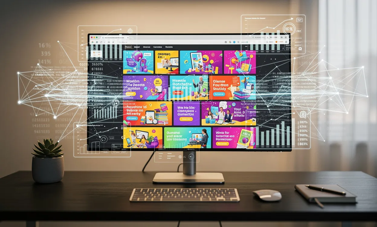 Un écran d’ordinateur affiche une page web dynamique avec des bannières publicitaires colorées, des superpositions de données et des connexions réseau dans un espace de travail moderne.