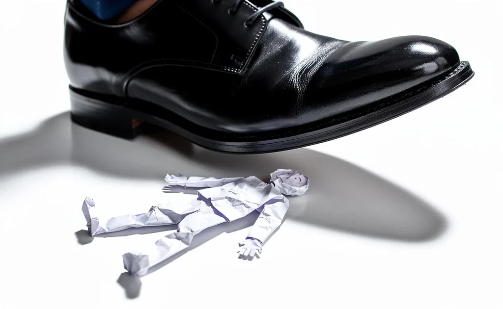 Un soulier de costume écrase une silhouette en papier froissé sur un sol blanc, sous une lumière crue.