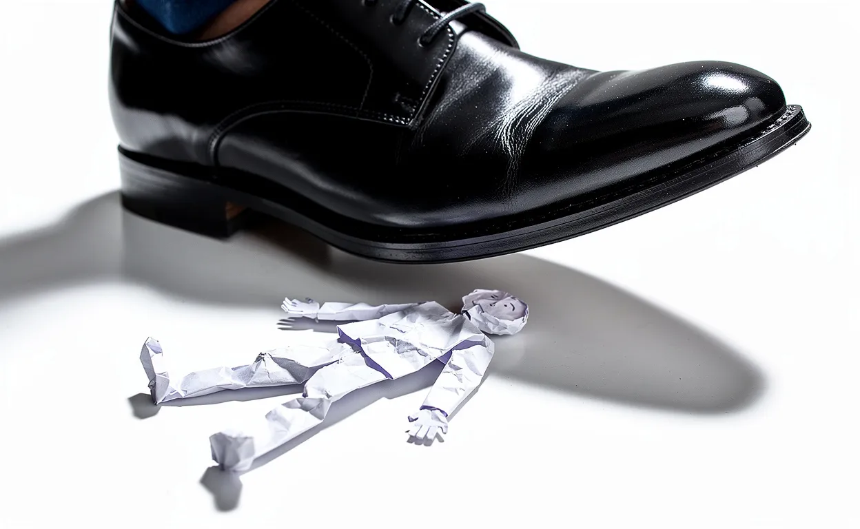Un soulier de costume écrase une silhouette en papier froissé sur un sol blanc, sous une lumière crue.