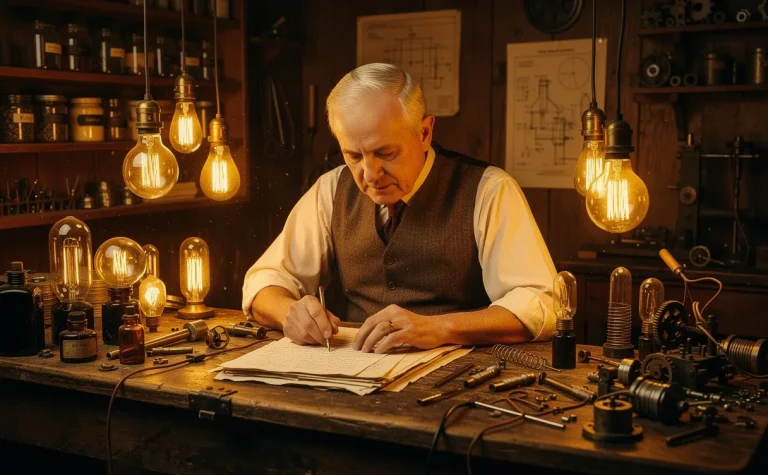 Thomas Edison assis à un établi en bois lit ses notes manuscrites, entouré d’ampoules anciennes allumées dans un atelier peu éclairé.