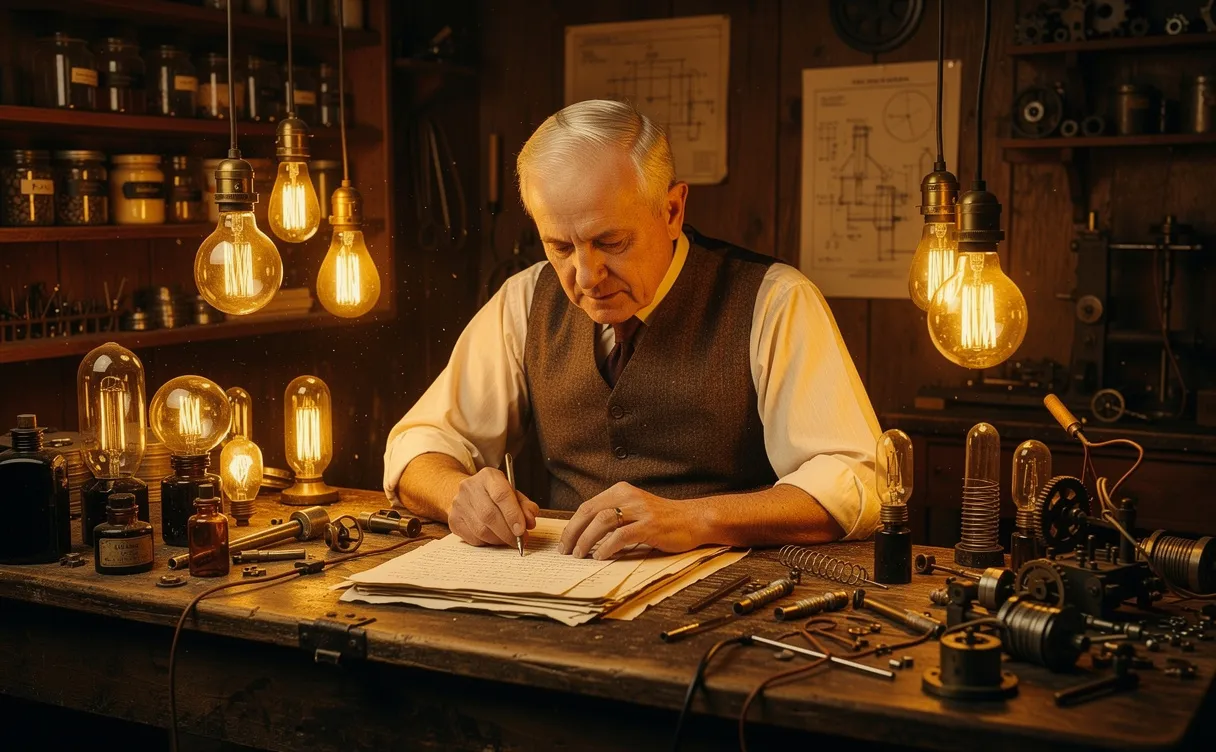 Thomas Edison assis à un établi en bois lit ses notes manuscrites, entouré d’ampoules anciennes allumées dans un atelier peu éclairé.