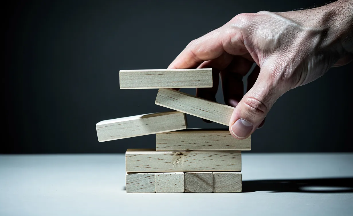 Une main appuie sur une pile de blocs de bois, faisant tomber les blocs du haut tandis que la base reste stable, avec une lumière froide et des ombres marquées.