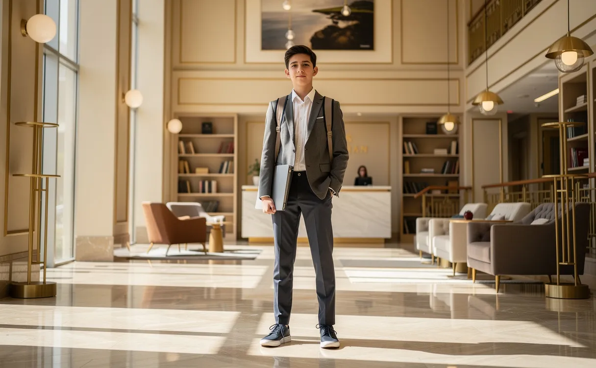 Un jeune étudiant confiant se tient dans l’intérieur lumineux et raffiné d’une école de prestige, entouré d’une décoration élégante et de touches dorées.
