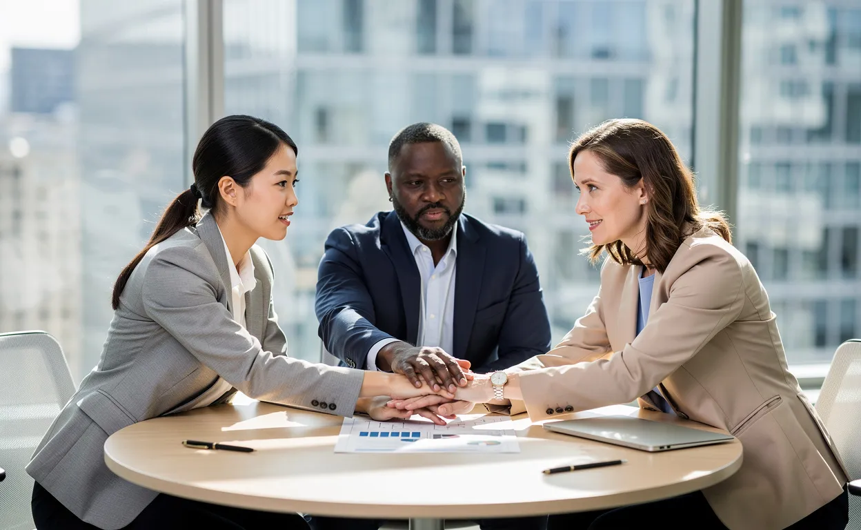Trois professionnels de différentes origines réunissent leurs mains au centre d’une table ronde devant un document, avec des fenêtres donnant sur la ville en arrière-plan.