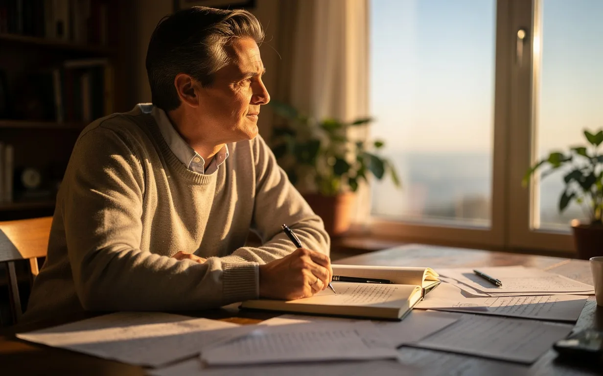 Une personne d’âge mûr songeuse est assise à un bureau ensoleillé avec des papiers épars et un carnet ouvert, regardant par la fenêtre vers l’horizon lumineux.
