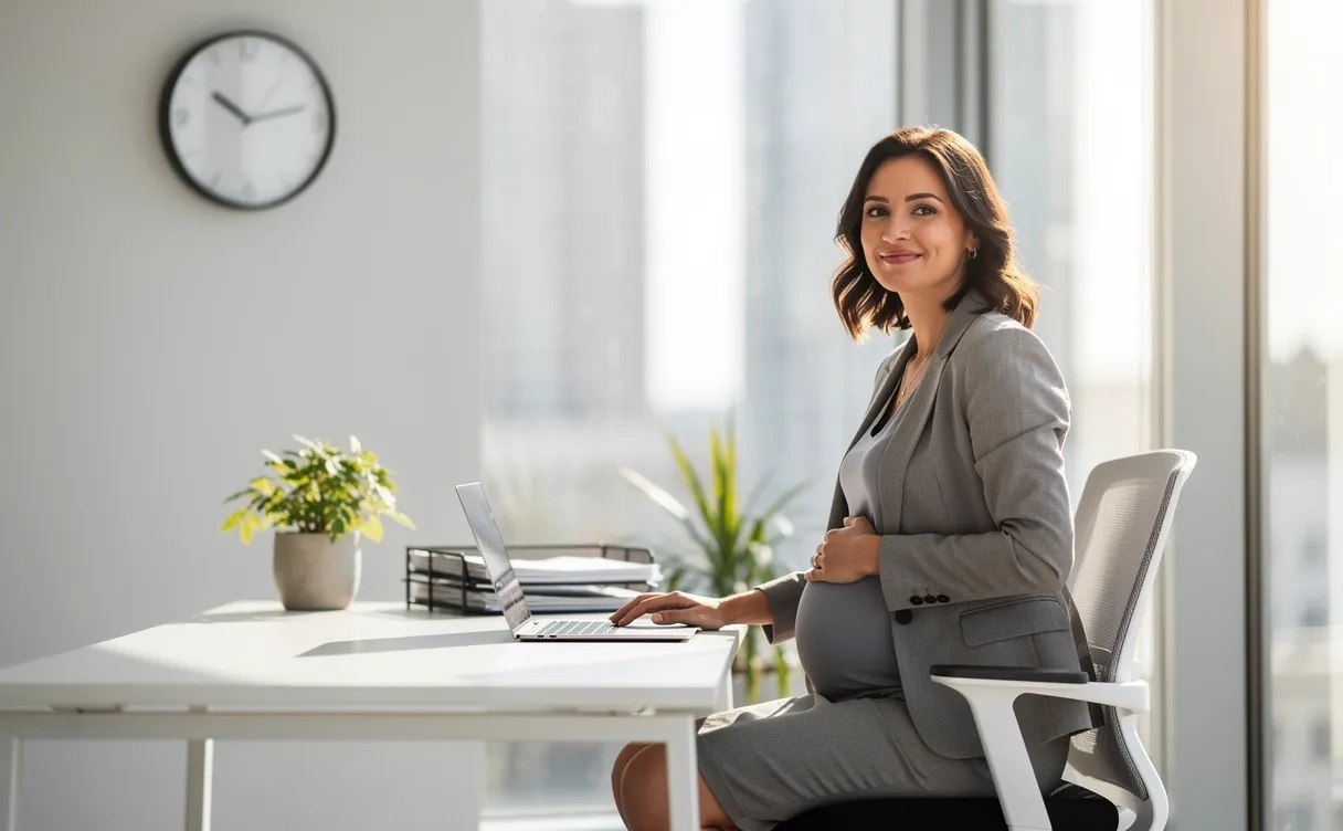 Une femme enceinte en tenue professionnelle est assise à un bureau lumineux et regarde une horloge murale marquant la fin de sa journée réduite.