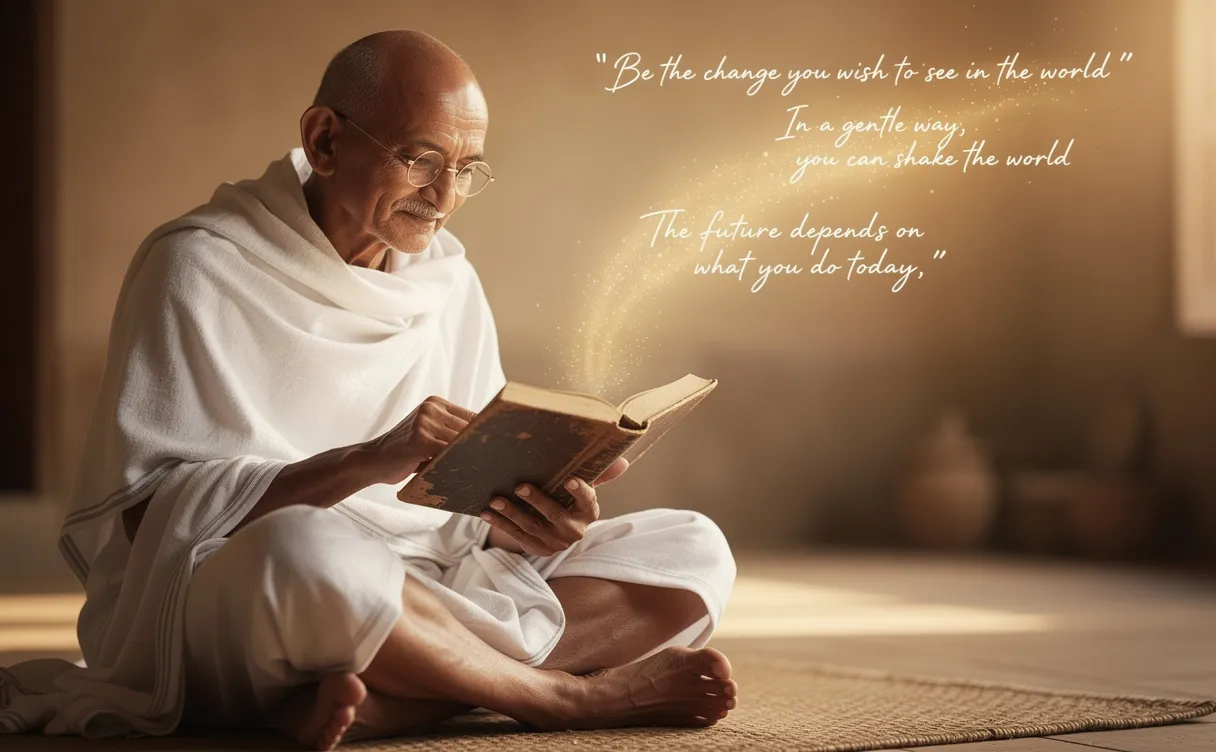 Mahatma Gandhi assis paisiblement tient un livre ouvert tandis que des citations manuscrites lumineuses flottent au-dessus des pages dans une ambiance chaleureuse.