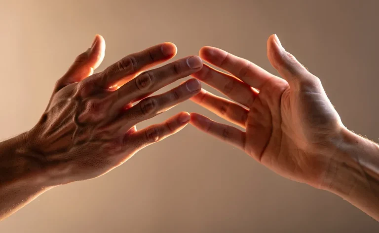 Deux mains se touchent délicatement face à face dans une lumière douce, illustrant force et sérénité.