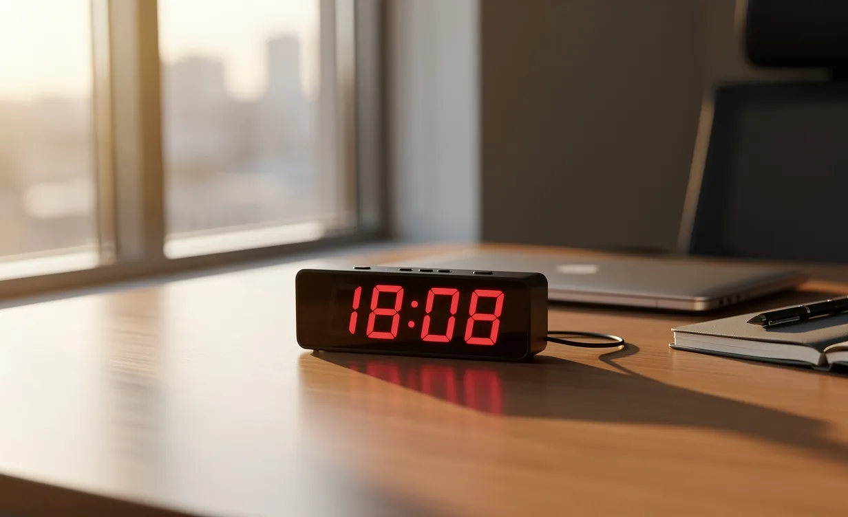 Un réveil numérique affiche 08:08 sur un bureau baigné de lumière matinale, avec des ombres douces et une ambiance paisible.