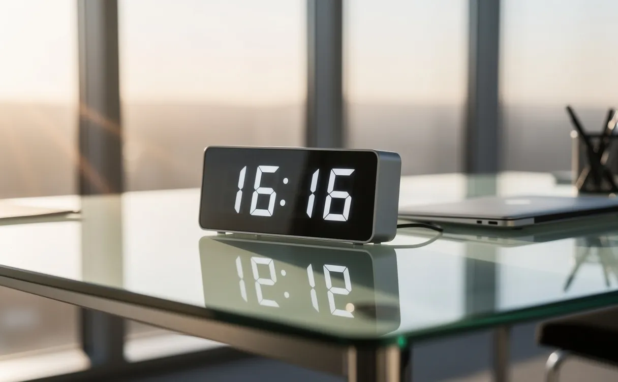 Horloge numérique affichant 16h16 sur un bureau en verre, baignée par la lumière douce de l’après-midi dans un bureau moderne.