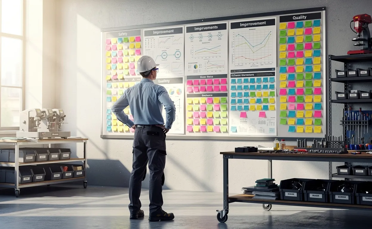 Un ingénieur observe un mur couvert de graphiques d’amélioration et de post-its colorés dans un atelier industriel bien ordonné, éclairé par la lumière du matin.