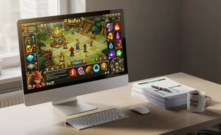 Un écran d’ordinateur affiche le jeu Dofus aux couleurs vives sur un bureau ordonné avec des papiers et une tasse de café, éclairé par la lumière du jour.