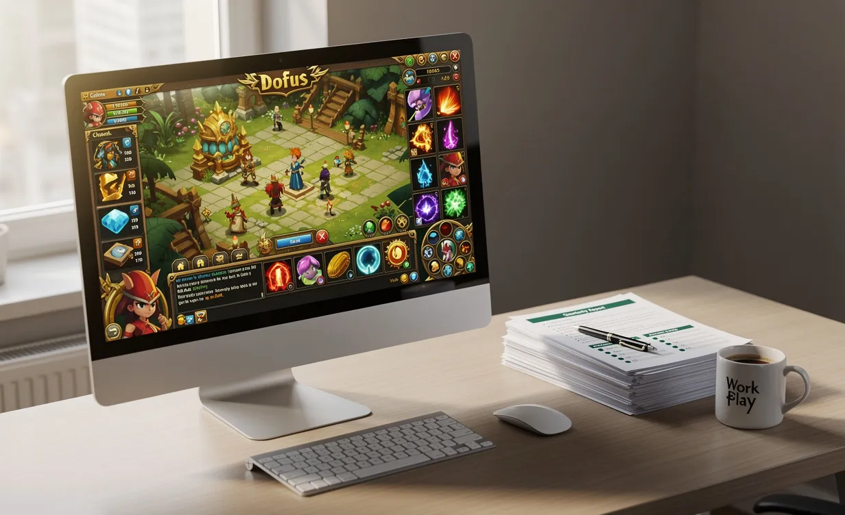 Un écran d’ordinateur affiche le jeu Dofus aux couleurs vives sur un bureau ordonné avec des papiers et une tasse de café, éclairé par la lumière du jour.