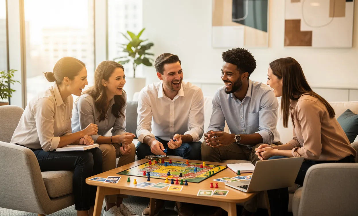 Des collègues jouent à un jeu de société dans le salon d’un bureau moderne, en discutant et riant ensemble.