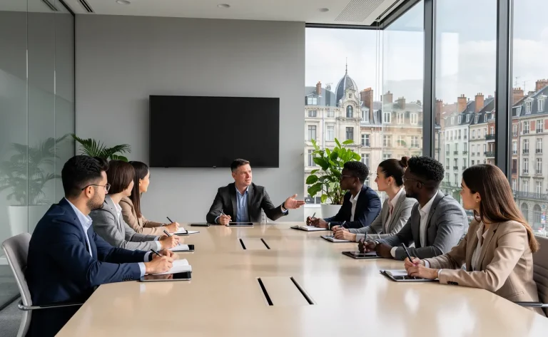 Un groupe de jeunes professionnels diversifiés travaille autour d’une table moderne dans une salle de formation lumineuse avec vue sur la ville de Lille.