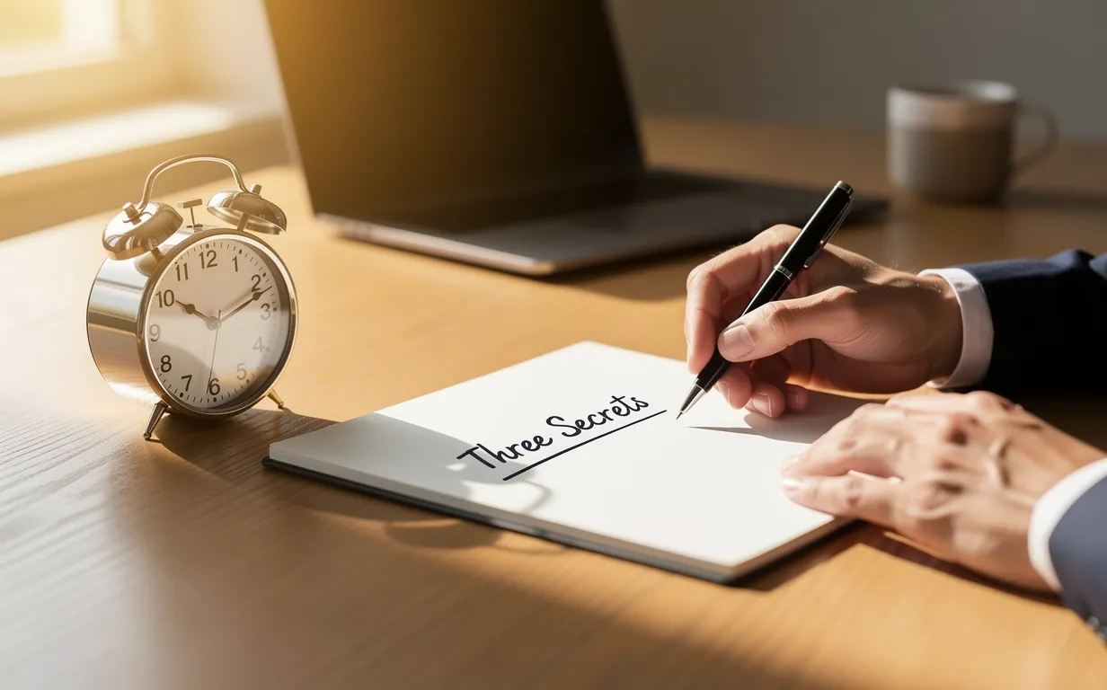 Un bureau bien rangé avec un carnet ouvert affichant l’inscription manuscrite « Three Secrets », un réveil classique, et les mains d’un gestionnaire tenant un stylo sous la lumière du matin.