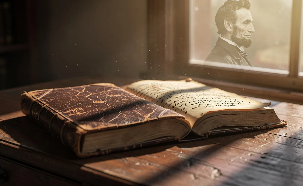 Un livre ancien à couverture de cuir ouvert sur un bureau en bois, avec le profil d'Abraham Lincoln reflété dans une vitre et une lumière dorée sur les pages manuscrites.